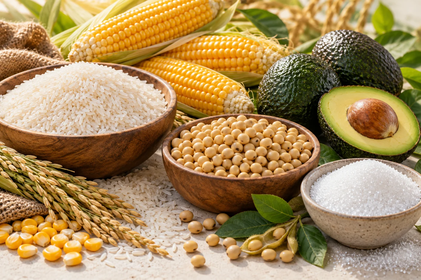 Illustrative rice, corn, soybeans, sugar and avocados