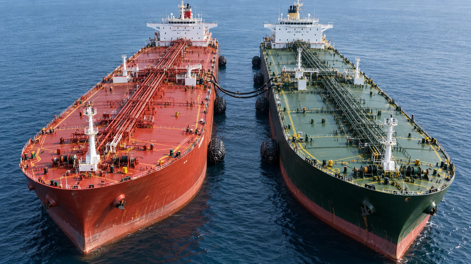 Illustration of two oil tankers alongside each other for ship-to-ship transfer